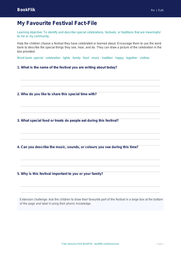 Free Festivals Template | EYFS Core | BookFlik worksheet preview — Re Festivals