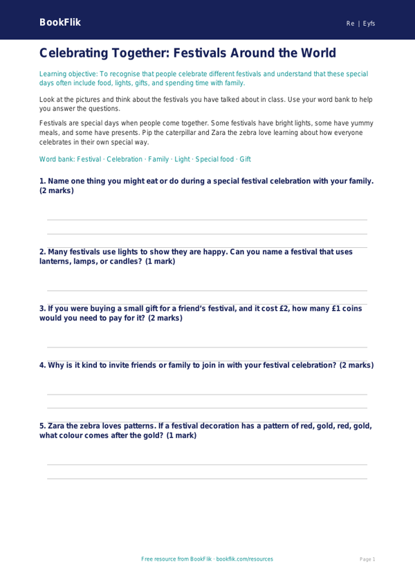 Free Festivals Worksheet | EYFS Core | BookFlik worksheet preview — Re Festivals