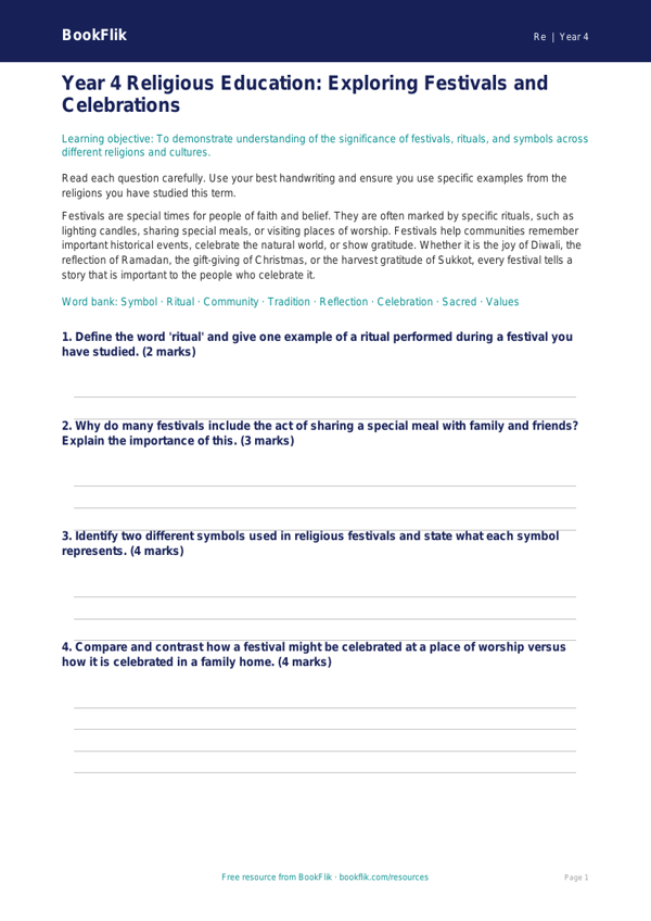 Free Festivals Assessment | Year 4 Greater Depth | BookFlik worksheet preview — Re Festivals