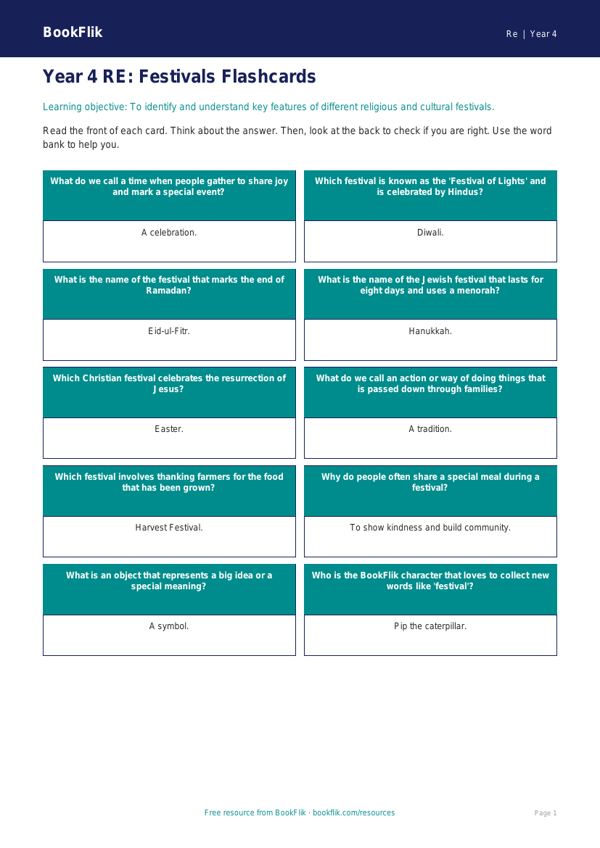 Free Festivals Flashcards | Year 4 Supported | BookFlik worksheet preview — Re Festivals
