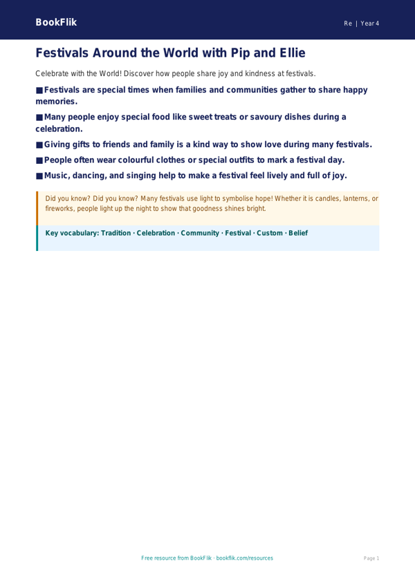 Free Festivals Poster | Year 4 Supported | BookFlik worksheet preview — Re Festivals