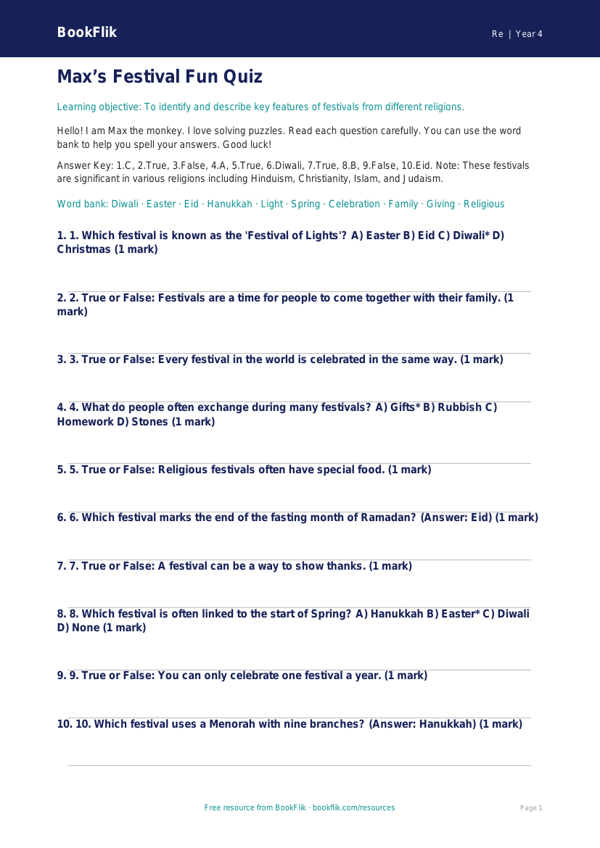 Free Festivals Quiz | Year 4 Supported | BookFlik worksheet preview — Re Festivals