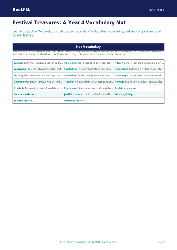 Free Festivals Word Mat | Year 4 Greater Depth | BookFlik worksheet preview — Re Festivals