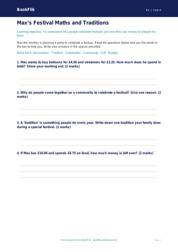 Free Festivals Worksheet | Year 4 Supported | BookFlik worksheet preview — Re Festivals