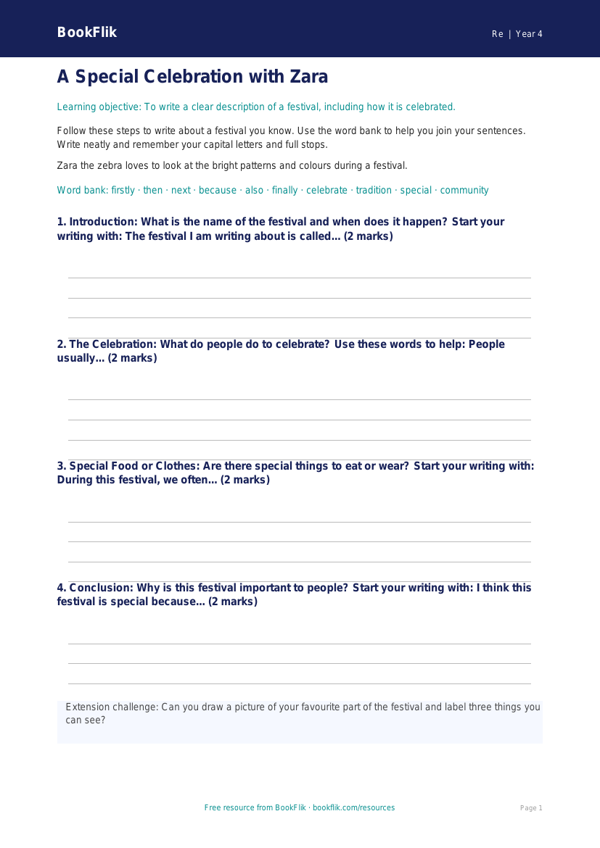 Free Festivals Writing Frame | Year 4 Supported | BookFlik worksheet preview — Re Festivals