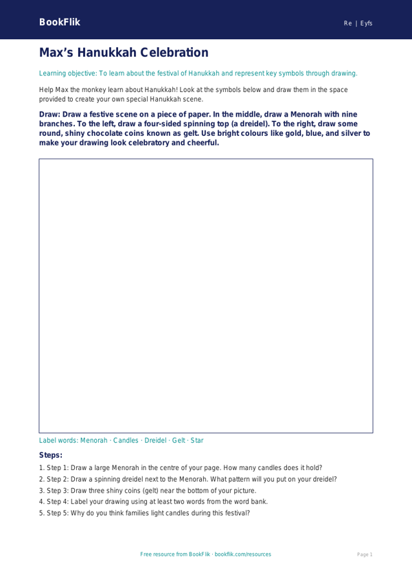 Free Hanukkah Drawing Sheet | EYFS Core | BookFlik worksheet preview — Re Hanukkah