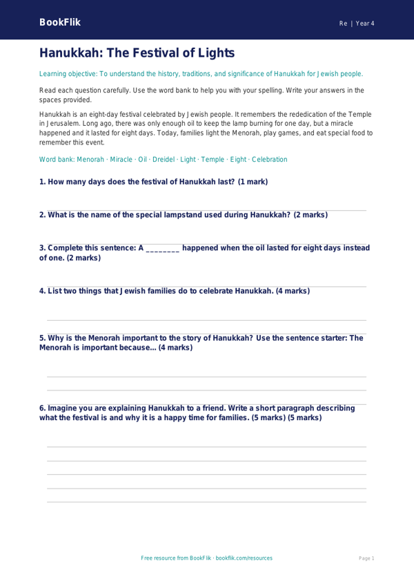 Free Hanukkah Assessment | Year 4 Supported | BookFlik worksheet preview — Re Hanukkah