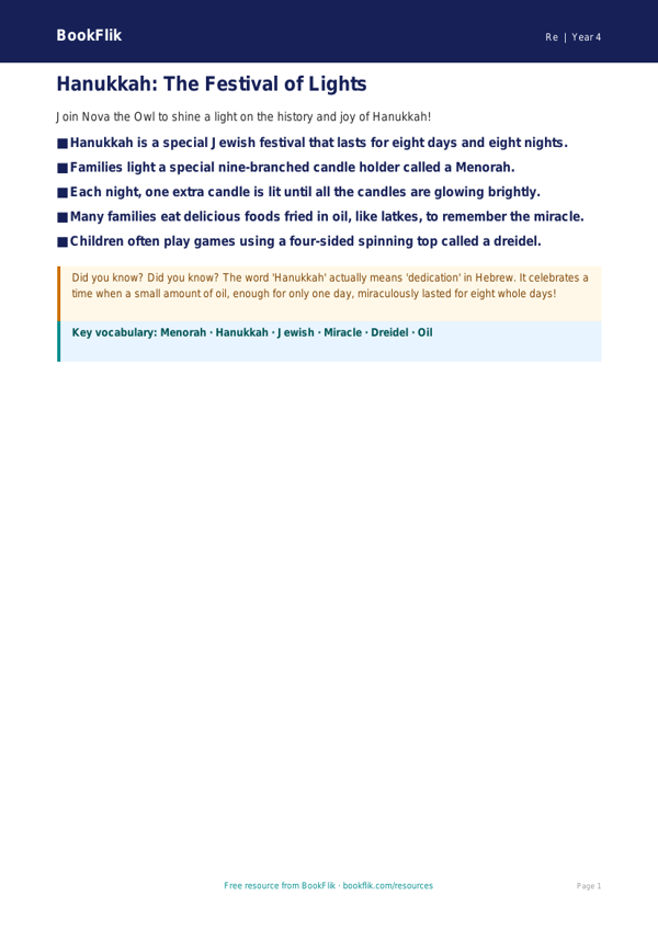 Free Hanukkah Poster | Year 4 Supported | BookFlik worksheet preview — Re Hanukkah