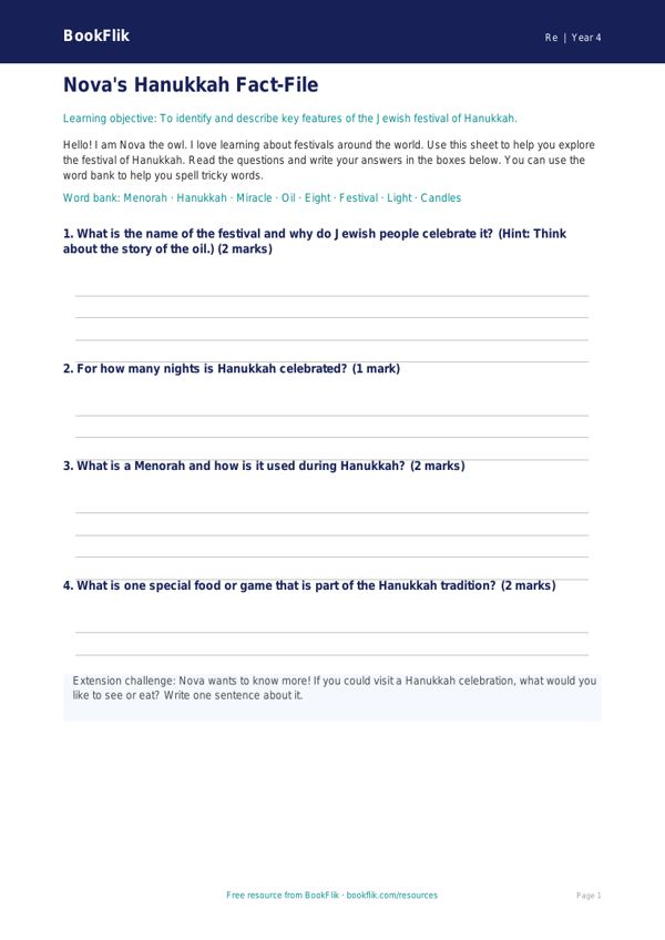 Free Hanukkah Template | Year 4 Supported | BookFlik worksheet preview — Re Hanukkah