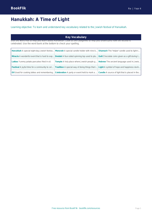 Free Hanukkah Word Mat | Year 4 Supported | BookFlik worksheet preview — Re Hanukkah