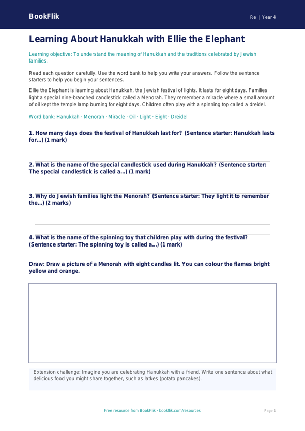 Free Hanukkah Worksheet | Year 4 Supported | BookFlik worksheet preview — Re Hanukkah