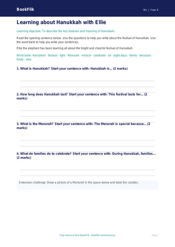 Free Hanukkah Writing Frame | Year 4 Supported | BookFlik worksheet preview — Re Hanukkah