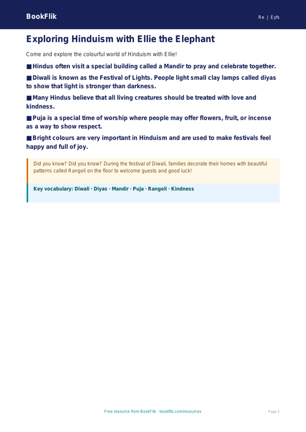 Free Hinduism Poster | EYFS Core | BookFlik worksheet preview — Re Hinduism