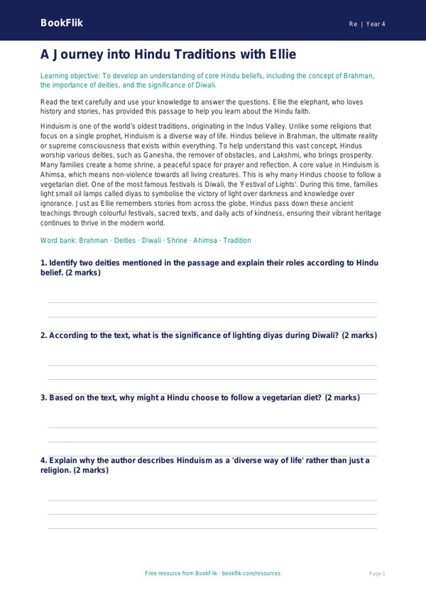 Free Hinduism Comprehension | Year 4 Greater Depth | BookFlik worksheet preview — Re Hinduism