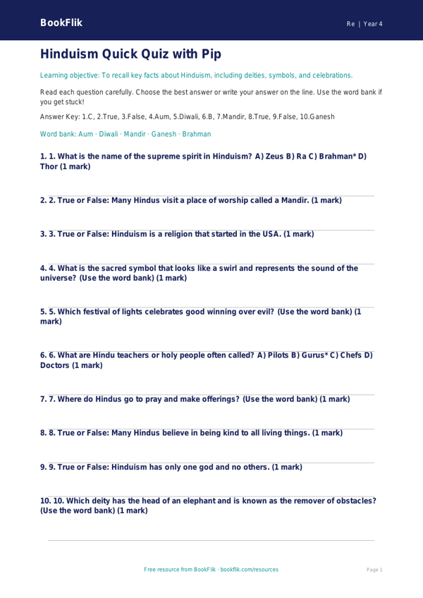 Free Hinduism Quiz | Year 4 Supported | BookFlik worksheet preview — Re Hinduism