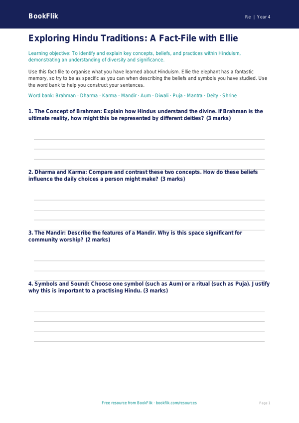 Free Hinduism Template | Year 4 Greater Depth | BookFlik worksheet preview — Re Hinduism