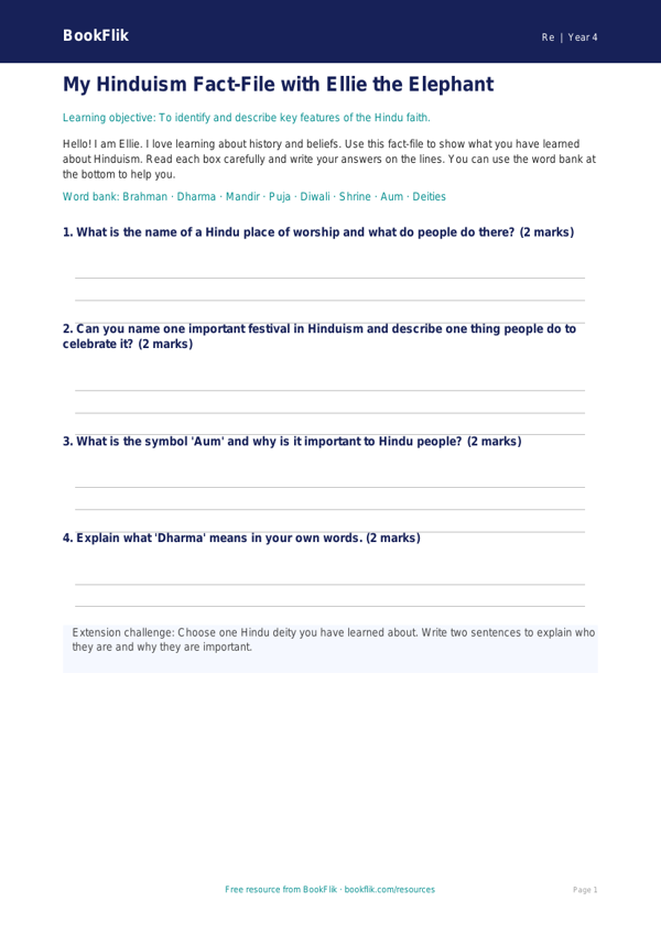 Free Hinduism Template | Year 4 Supported | BookFlik worksheet preview — Re Hinduism