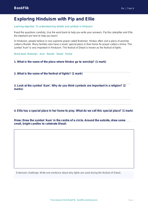 Free Hinduism Worksheet | Year 4 Supported | BookFlik worksheet preview — Re Hinduism