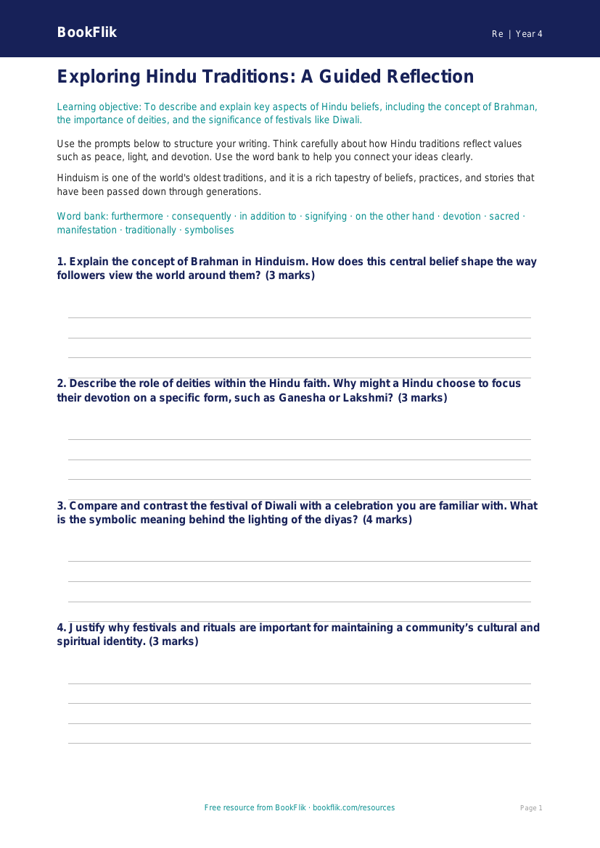 Free Hinduism Writing Frame | Year 4 Greater Depth | BookFlik worksheet preview — Re Hinduism