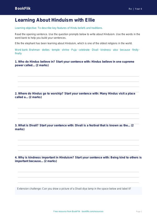 Free Hinduism Writing Frame | Year 4 Supported | BookFlik worksheet preview — Re Hinduism