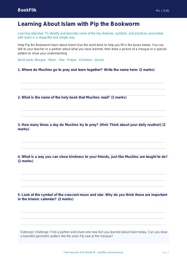 Free Islam Template | EYFS Core | BookFlik worksheet preview — Re Islam
