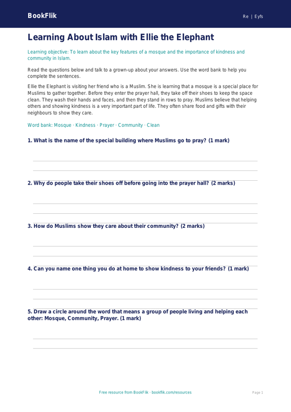 Free Islam Worksheet | EYFS Core | BookFlik worksheet preview — Re Islam
