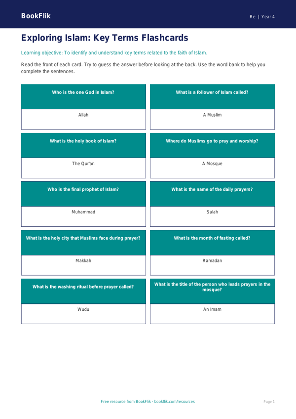 Free Islam Flashcards | Year 4 Supported | BookFlik worksheet preview — Re Islam