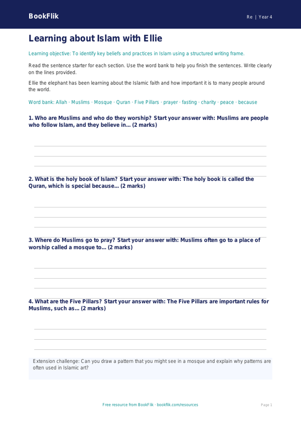 Free Islam Writing Frame | Year 4 Supported | BookFlik worksheet preview — Re Islam