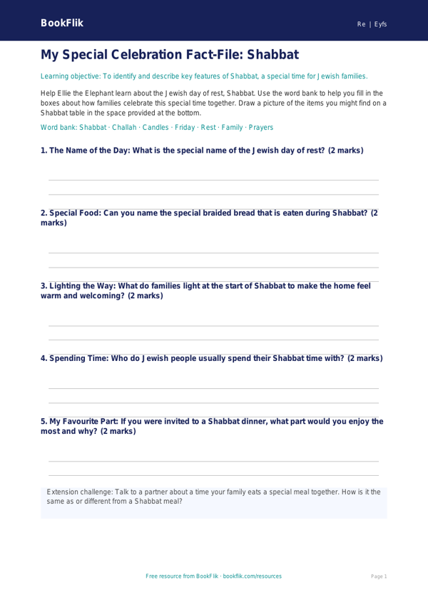 Free Judaism Template | EYFS Core | BookFlik worksheet preview — Re Judaism