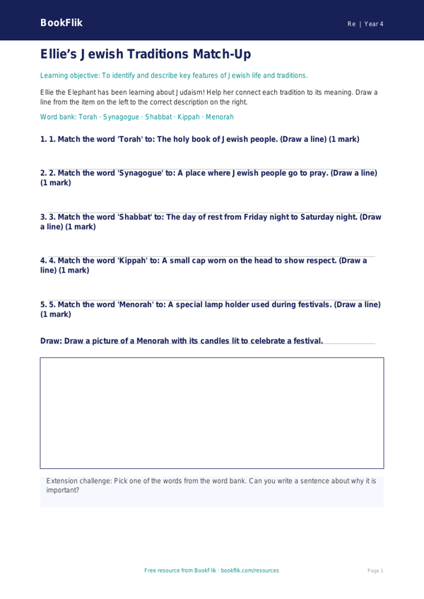 Free Judaism Activity Sheet | Year 4 Supported | BookFlik worksheet preview — Re Judaism
