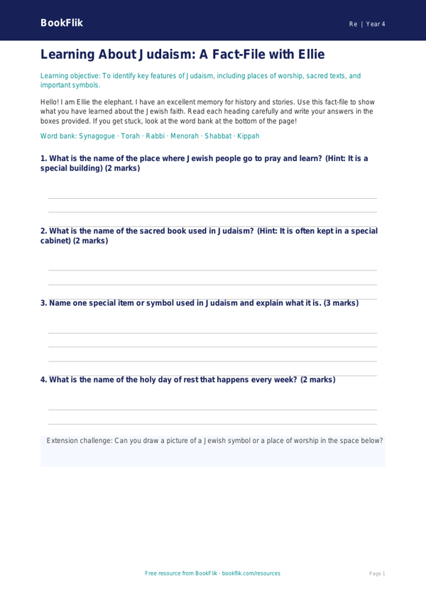 Free Judaism Template | Year 4 Supported | BookFlik worksheet preview — Re Judaism