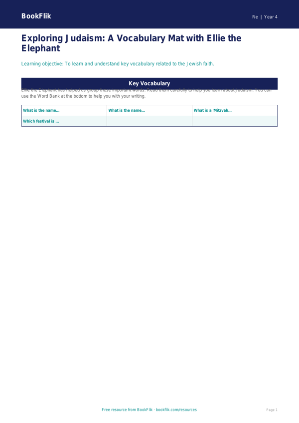 Free Judaism Word Mat | Year 4 Supported | BookFlik worksheet preview — Re Judaism