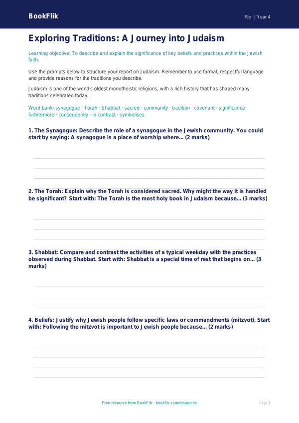 Free Judaism Writing Frame | Year 4 Greater Depth | BookFlik worksheet preview — Re Judaism