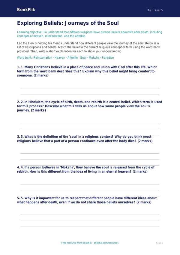 Free Life After Death Activity Sheet | Year 5 Core | BookFlik worksheet preview — Re Life After Death