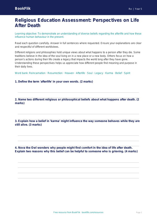 Free Life After Death Assessment | Year 5 Core | BookFlik worksheet preview — Re Life After Death
