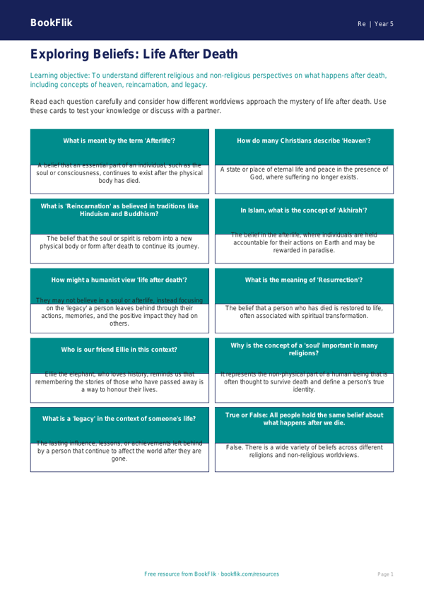 Free Life After Death Flashcards | Year 5 Core | BookFlik worksheet preview — Re Life After Death