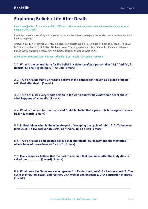 Free Life After Death Quiz | Year 5 Core | BookFlik worksheet preview — Re Life After Death