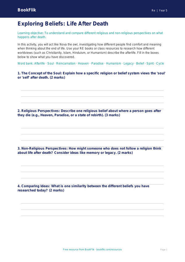 Free Life After Death Template | Year 5 Core | BookFlik worksheet preview — Re Life After Death