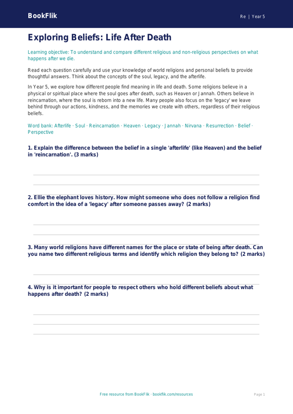 Free Life After Death Worksheet | Year 5 Core | BookFlik worksheet preview — Re Life After Death
