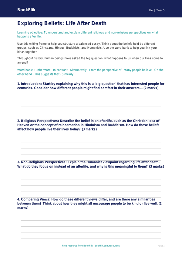 Free Life After Death Writing Frame | Year 5 Core | BookFlik worksheet preview — Re Life After Death