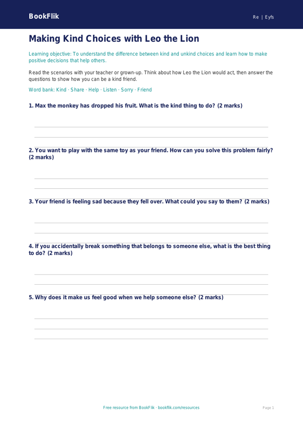 Free Moral Questions Worksheet | EYFS Core | BookFlik worksheet preview — Re Moral Questions