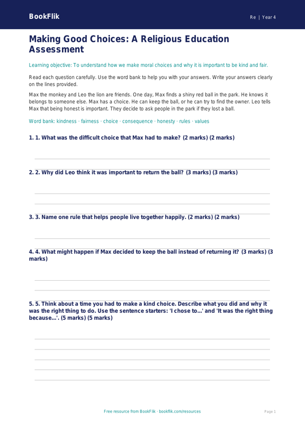 Free Moral Questions Assessment | Year 4 Supported | BookFlik worksheet preview — Re Moral Questions