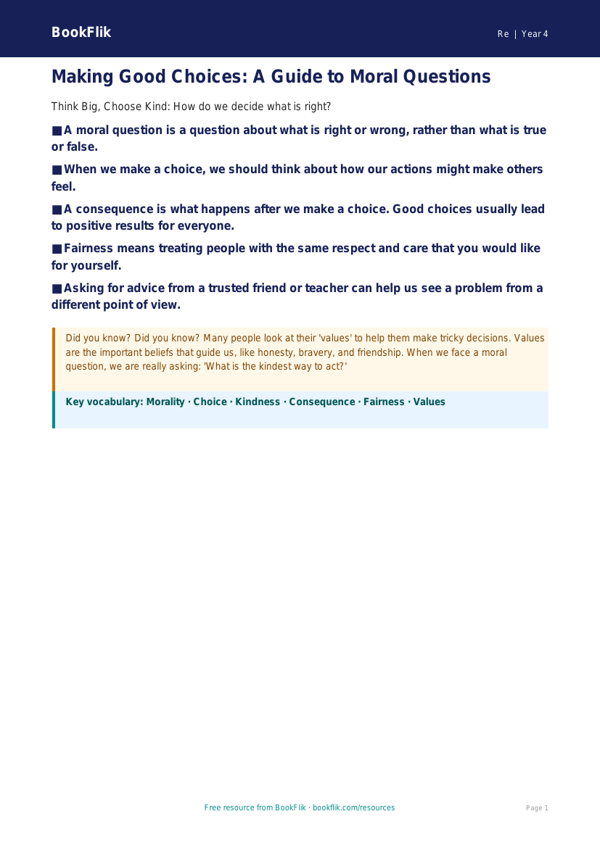 Free Moral Questions Poster | Year 4 Supported | BookFlik worksheet preview — Re Moral Questions