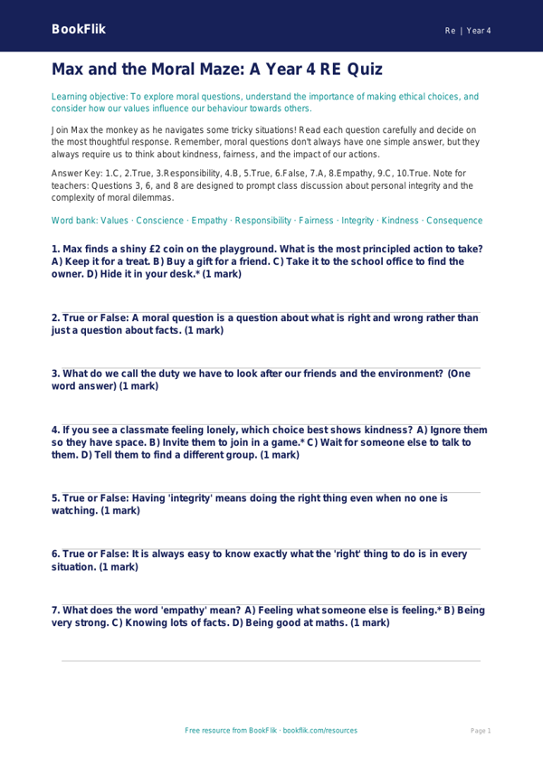 Free Moral Questions Quiz | Year 4 Greater Depth | BookFlik worksheet preview — Re Moral Questions