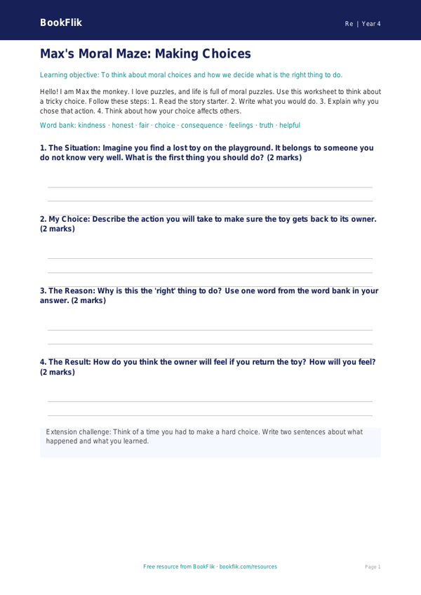 Free Moral Questions Template | Year 4 Supported | BookFlik worksheet preview — Re Moral Questions