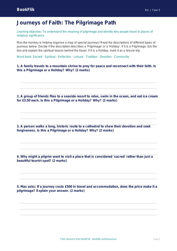 Free Pilgrimage Activity Sheet | Year 5 Core | BookFlik worksheet preview — Re Pilgrimage