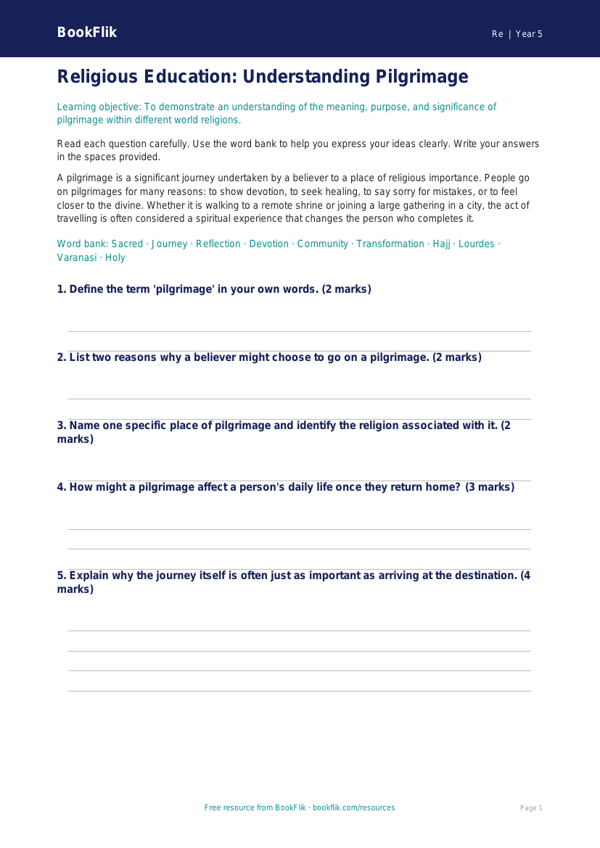 Free Pilgrimage Assessment | Year 5 Core | BookFlik worksheet preview — Re Pilgrimage