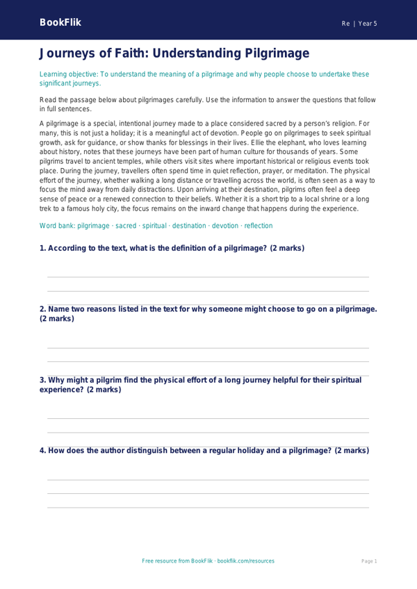 Free Pilgrimage Comprehension | Year 5 Core | BookFlik worksheet preview — Re Pilgrimage