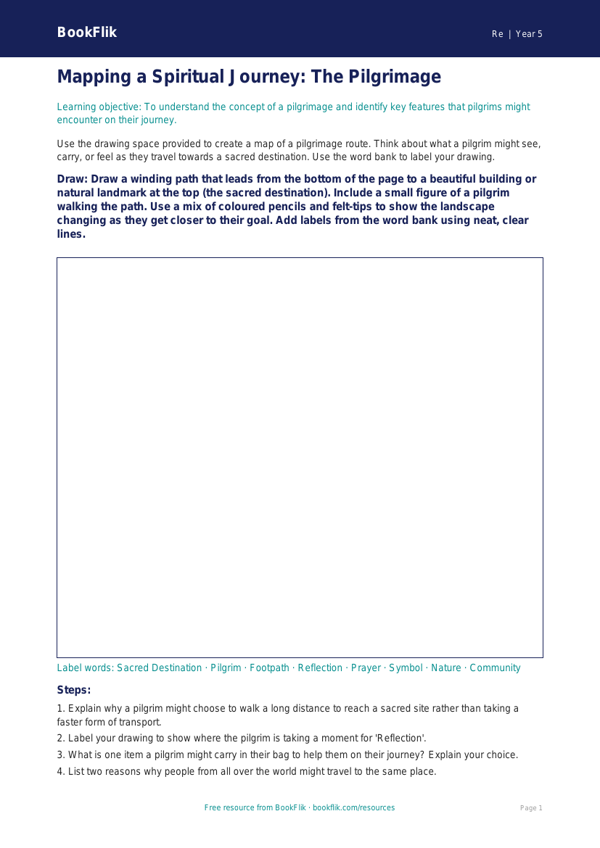 Free Pilgrimage Drawing Sheet | Year 5 Core | BookFlik worksheet preview — Re Pilgrimage