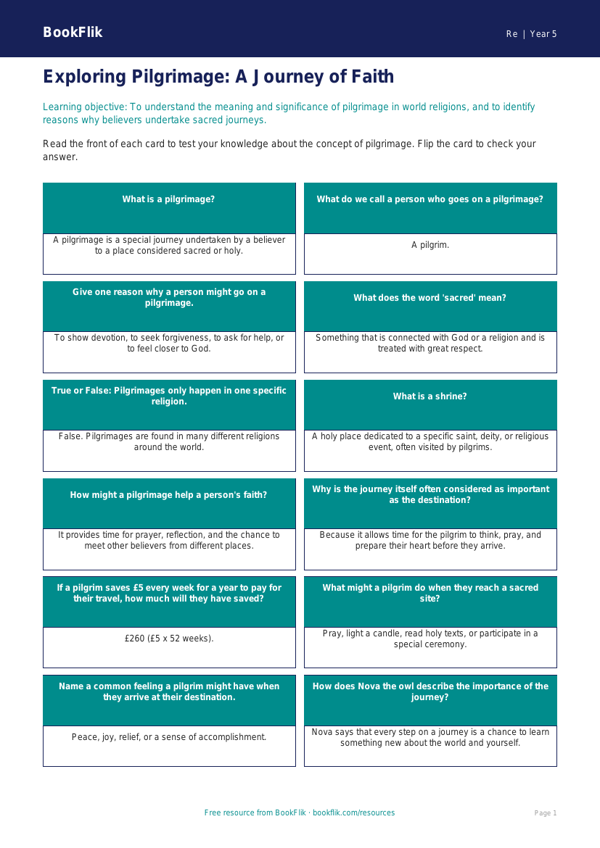 Free Pilgrimage Flashcards | Year 5 Core | BookFlik worksheet preview — Re Pilgrimage